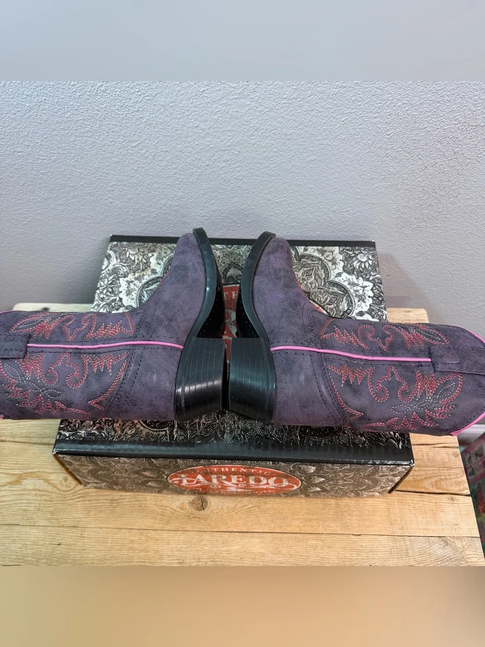 Laredo kids Purple Suede Western Ankle Boots with Pink Trim